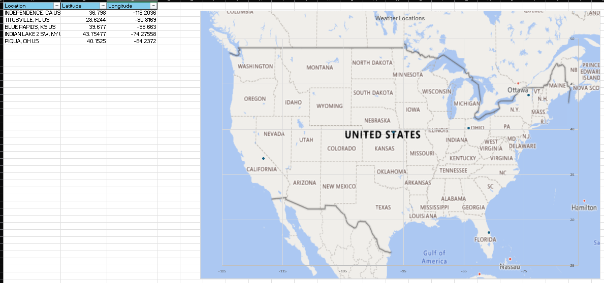 Excel sheet showing station locations, latitude and longitude values, and a map of weather station points across the United States